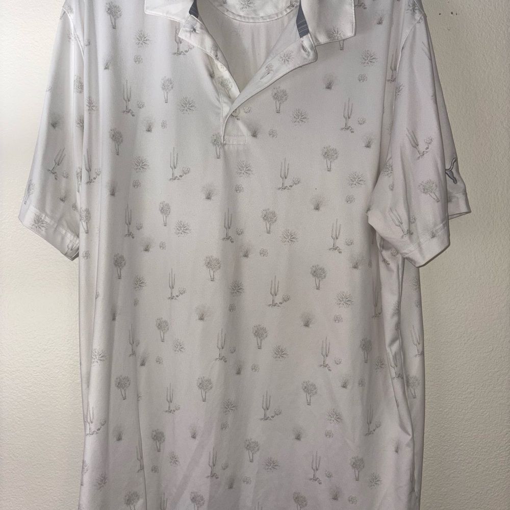 Puma White Polo Shirt with Subtle Gray Patterns of cactus